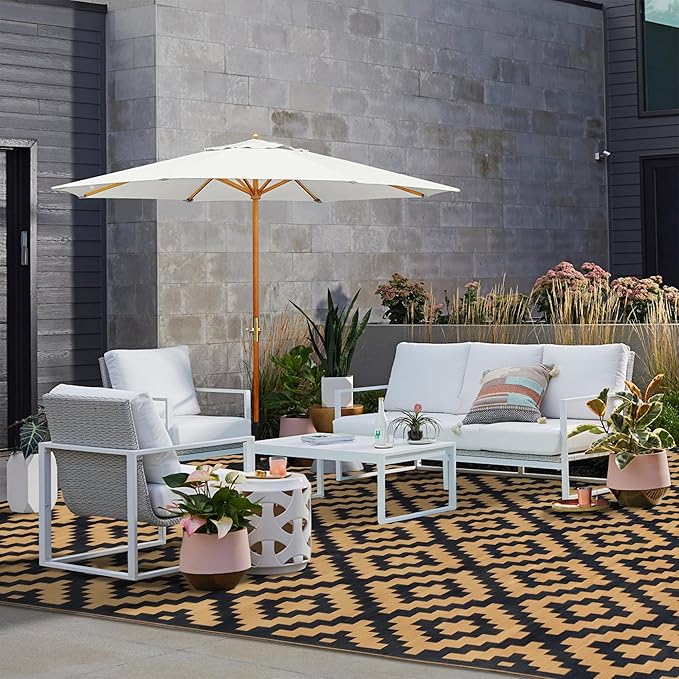 SAND MINE Reversible Mats, Plastic Straw Rug, Modern Area Rug, Large Floor Mat and Rug for Outdoors, RV, Patio, Backyard, Deck, Picnic, Beach, Trailer, Camping, Black & Brown, 10' x 14'