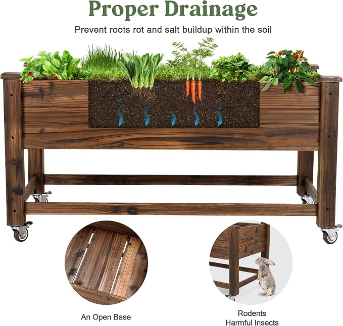 OIPRTGFJ Cedar Wood Outdoor Raised Garden Bed Planter Box with Locking Wheels, 41x21x20 inch, Carbonization Color