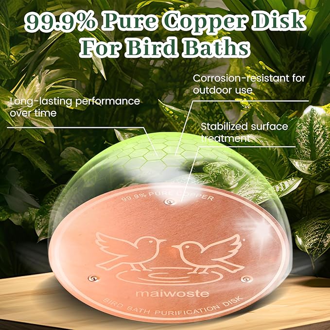 Bird Bath Copper Disk, 4 Inch 0.6mm Thick 99.9% Pure Copper Disc with Triple-Point Support, Natural Water Cleaner for All-Season Use, Universal Fit for Outdoor BirdBaths, Bowls