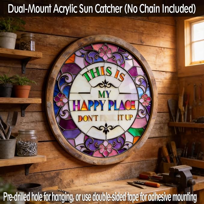 "This Is My Happy Place Don't F It Up" Sign, 11.5 Inch Acrylic Wall Decor, Vibrant Colors Round Garden Sign for Home, Garden, Bar, Farm, Coffee Shop Decor