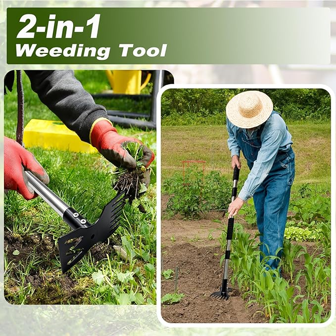 Weed Puller Tool - 60" Manual Weeder Remover Tool, Long Handle Weed Grabber Remover, 2 in 1 Hand Weed Rake and Garden Hoe, Heavy Duty Uprooting Weeding Pull for for Garden Patio Lawn