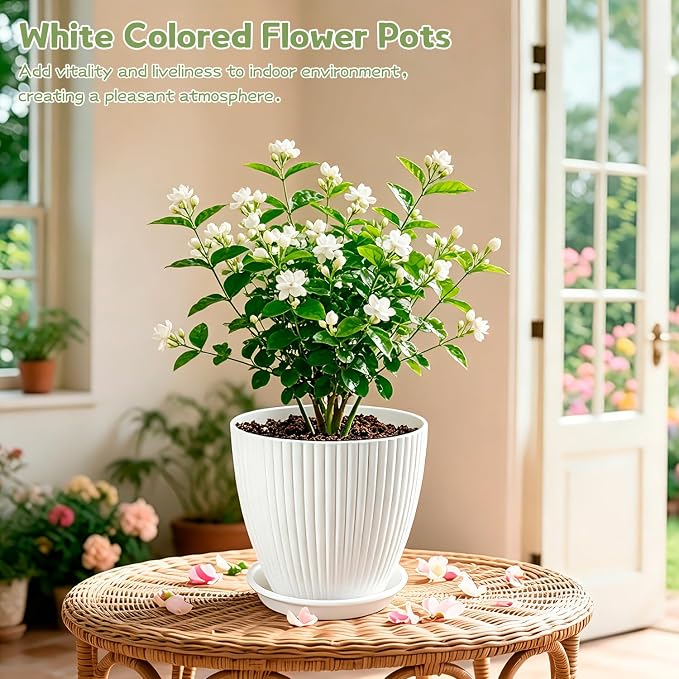 SupKing White Plant Pots with Drainage Saucers 7.5/6.7/6/5/4/3.5 Inch Set of 6,Plastic Flower Pots Planters with Multi Mesh Drainage Holes Nursery Planting Pot for Indoor Outdoor Garden Plants