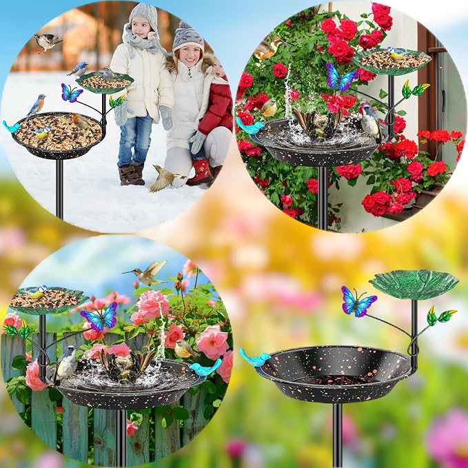 Metal Bird Bath for Outside Garden Birdbath Bowl, Freestanding Bird Feeders for Outdoors with 5 Prongs Base Stake, Standing Birdfeeders Birdbath Bowl for Yard Decor(Black-2-in-1-Butterfly)