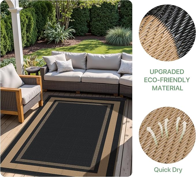 GENIMO 6' x 9' Outdoor Rug Waterproof for Patio Decor, Reversible Plastic Straw Area Rugs Mat for Camper, Outside Carpet for Rv, Deck, Porch, Picnic, Balcony, Mix-Black & Brown