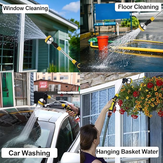 17.5" Watering Wand with Thumb Control & 180° Water Nozzle | 8 Spray Modes garden hose wands for High-Pressure Cleaning, Pet Bathing, Gardens, Hanging Baskets | Fits Standard Garden Hoses (yellow)