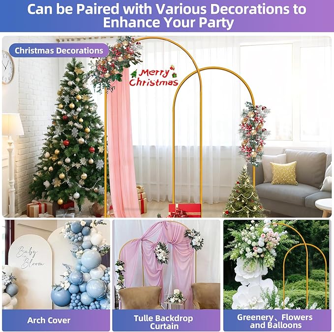 Hemmotop Arch Backdrop Stand Set of 2, 7.2ft & 6ft Metal Arch Frame with Ground Stakes for Party, Ceremony, Bridal Shower, Birthday, Photo Booth, Garden Decoration, Baby Shower