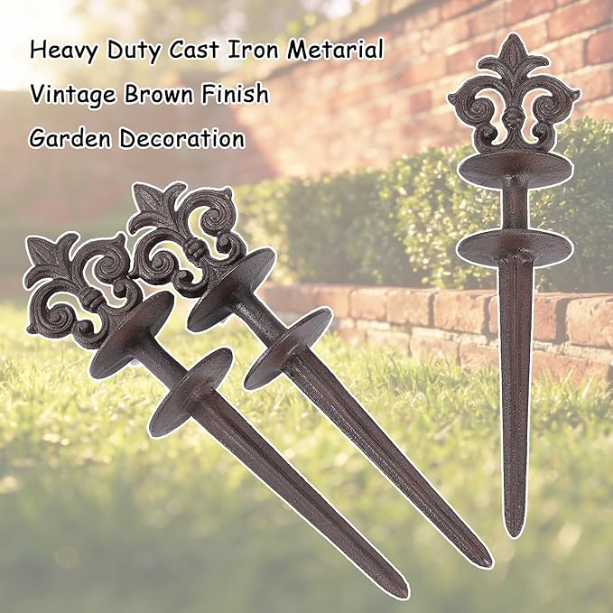 Cast Iron Hose Guide Stakes, Set of 3 Vintage Brown Metal Decorative Hose Guides Spike for Lawn Garden Yard