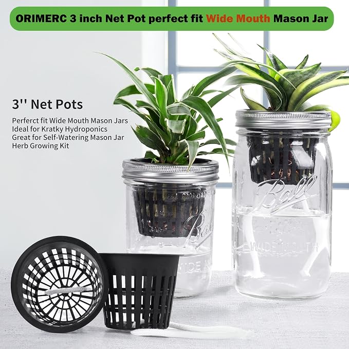 ORIMERC 12 Pack 3 inch Net Cups Pots with 12 feet Hydroponics Self Watering Wick & 12 Plant Labels Aquaponics Mason Jar Bucket Insert Orchid kratky Vegetable Garden Growing Netted Basket Slotted Mesh