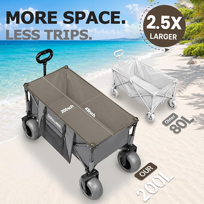 X800 Heavy Duty Beach Wagon with 9x4 Balloon Wheels – 200L Foldable Wagon Cart, 41" Collapsible Utility Wagon with Side Bag for Beach Essentials, Sports, Camping & Outdoor (Charcoal Gray)