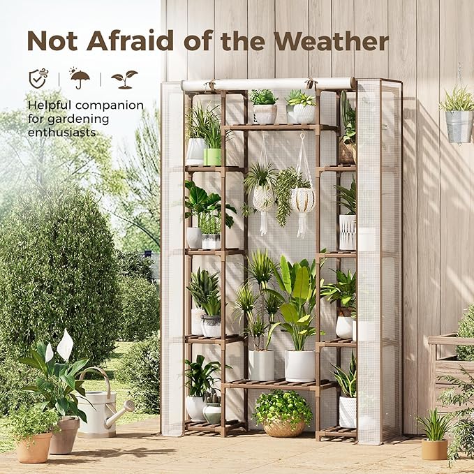 Bamworld Greenhouse Indoor Outdoor 62.2“ Tall Green House Cover Large Invernadero Tiered Stand for Multiple Display Wood Planter Holder for Living Room Garden Balcony Patio Decor