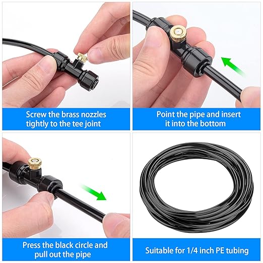 20 Pack Brass Mister Nozzles with 20 Pack Misting Nozzle Tees with 2 Pack End Plugs for Outdoor Cooling System Patio Misting System