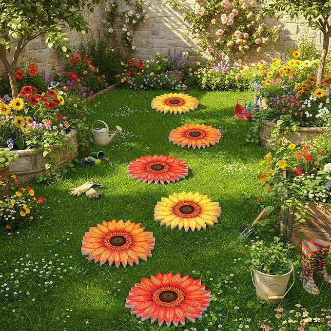 Fiwochic 3 Pack Sunflower Stepping Stones for Garden 9.8 Inch Wooden Dimensional Outdoor Decorative Pavers Stones for Patio Walkway Yard Art Decor, 3 Colorful Color