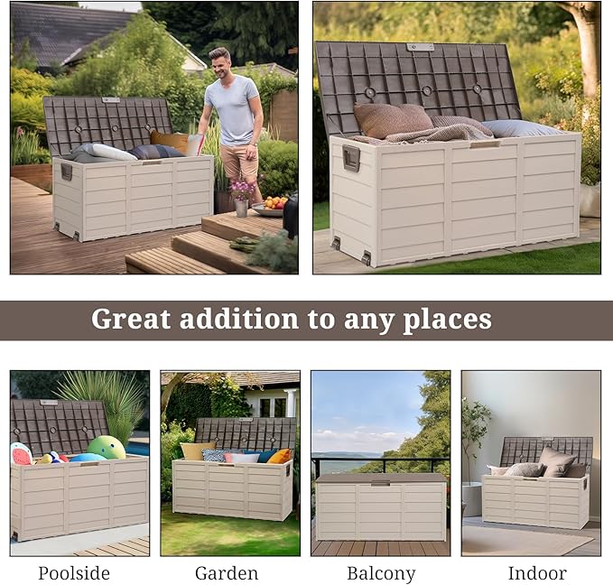 Outvita Deck Storage Box, 75 Gallon Durable Waterproof Storage Container Bin Store Patio Cushions and Yard Stools Outdoor Patio Garden (Brown)