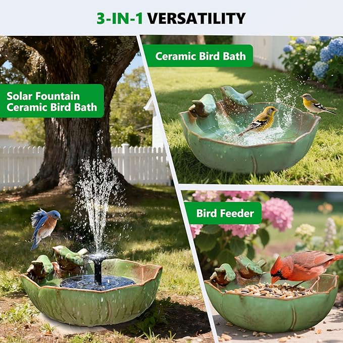 Ceramic Bird Bath for Outdoors, 10.1" Hummingbird Fountains Solar Power Ground Ceramic Bird Baths Bowl for Outside, Large Table Top Garden Décor for Patio, Yard & Home