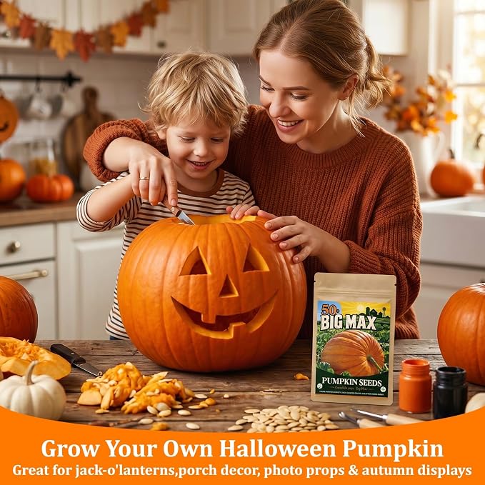 50+ Big Max Pumpkin Seeds for Planting - Giant Pumpkin Seeds, Large Carving Pumpkin Variety for Halloween Jack O Lantern, Fall Display & Garden Growing, Pack Includes QR Code Planting Guide