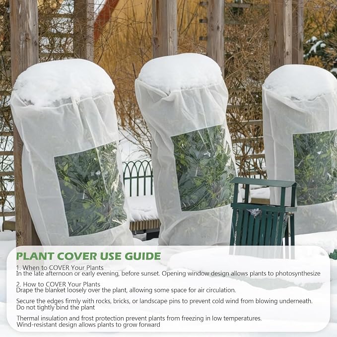 4 Pcs Large Plant Covers Freeze Protection with Viewing Window, Drawstring & Zipper Winter Frost Covers, Shade Cloth for Shrubs, Small Trees, Frost(White,31.5 x 39.4 Inch)