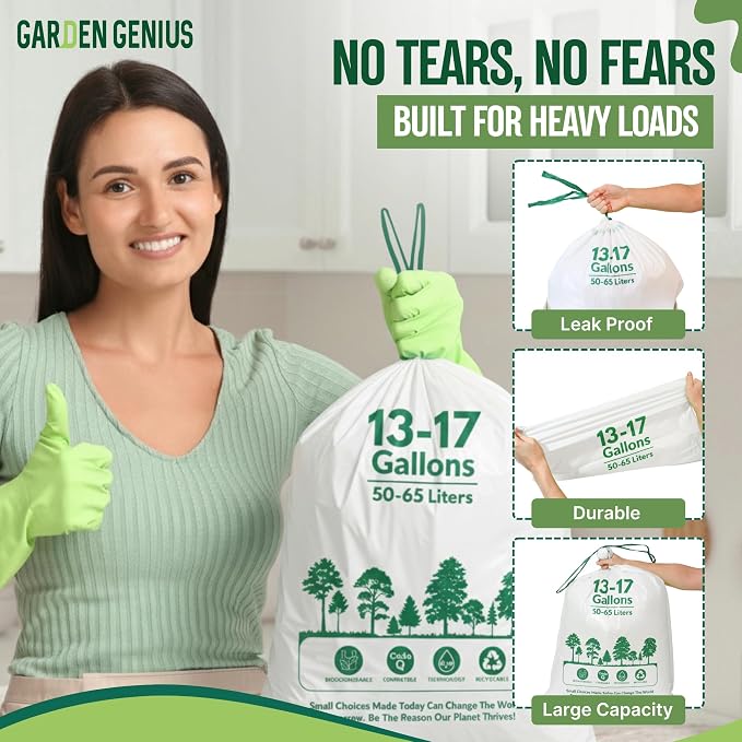 Biodegradable 13-17 Gallon Code-Q Trash Bags (50 Pack) | Strong Heavy-Duty Tall White Kitchen Bags w/Drawstring | Fits Simplehuman & Standard Cans | Eco-Friendly D2W, 30 Micron Thick | 25.6" x 33.5"
