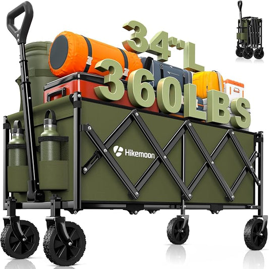 Hikemoon 34'' Extra Long Collapsible Wagons Carts Foldable, 360LBS Heavy Duty Folding Beach Wagon with Wheels, Portable Utility Outdoor Cart for Grocery, Garden, Sports, Camping, Green