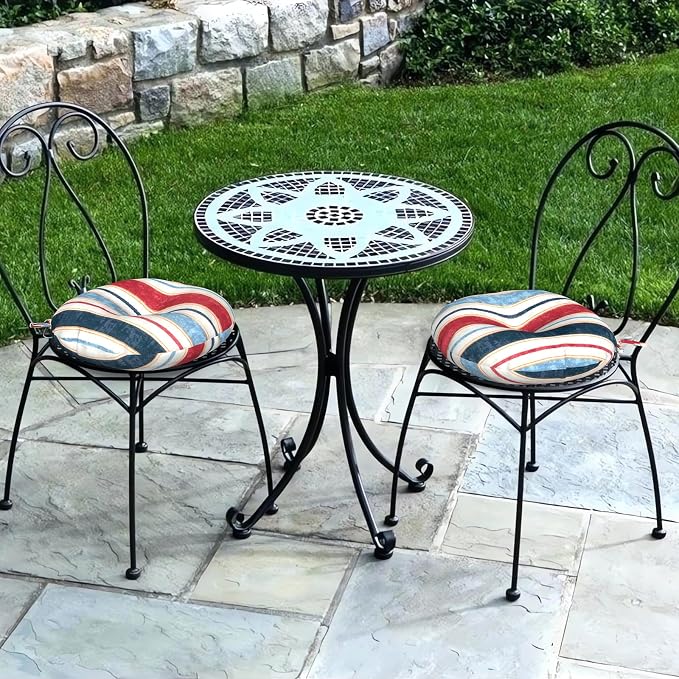 DYTXIII Set of 2 Outdoor Round Chair Cushions 15"x15"x4" with Ties, Water Repellent Tufted Bistro Seat Cushions, Thick Patio Chair Pads for Bar Stool, Garden & Dining Furniture - Stripe Red Blue