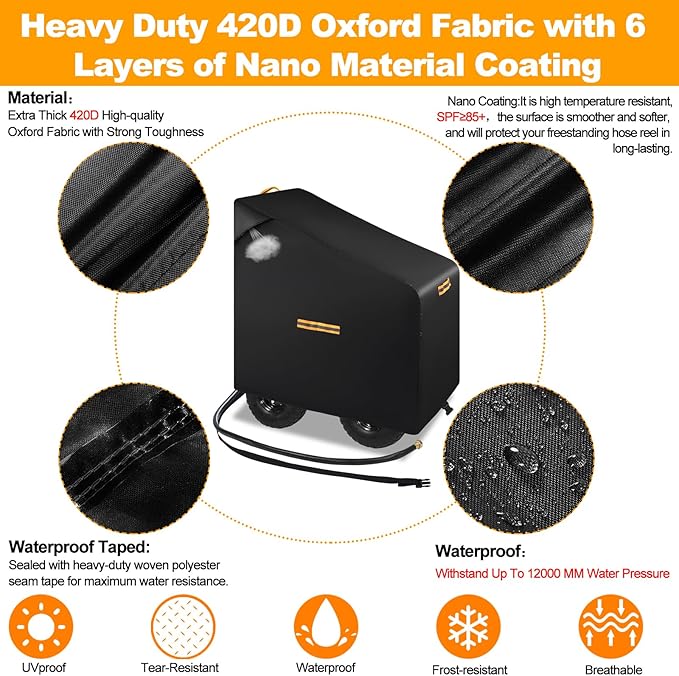 Hose Reel Cart Covers for Outside,Heavy Duty 420D Hosepipes Cover for Garden with Air Vent,Waterproof Strip,2 Reflective Strip Handles,Univeral Protective Hose Holder Cover,All Season Protection