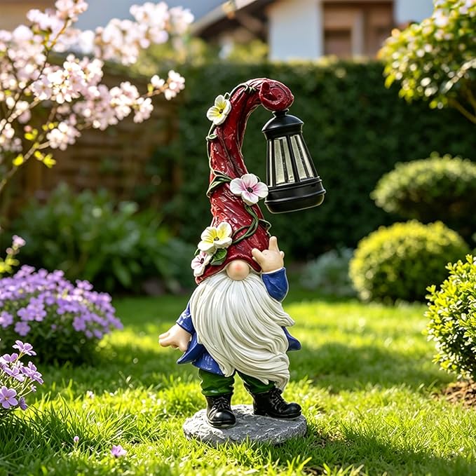 Garden Gnome Statue with Solar Lights 13.7" Garden Sculptures Gnomes Decorations Gnome Outdoor Patio Lawn Yard Balcony Birthday Gift for Mom Grandma(Right Light)