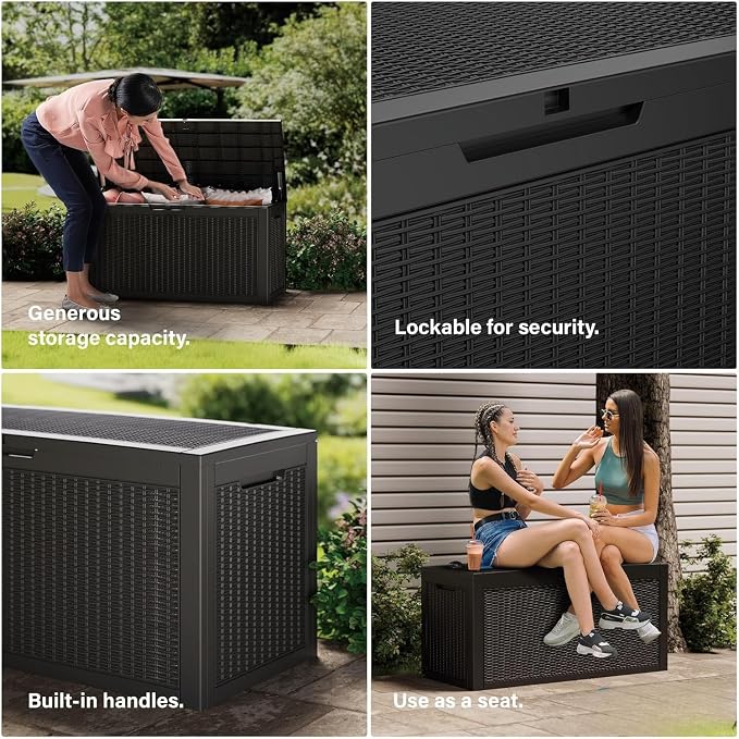 Outdoor Storage Box, 320 Gallon Lockable Resin Deck Box Large Waterproof, Patio Storage Bin for Furniture Cushion, Garden Tools and Pool Accessories, UV-Resistant Bench for Outside, Black