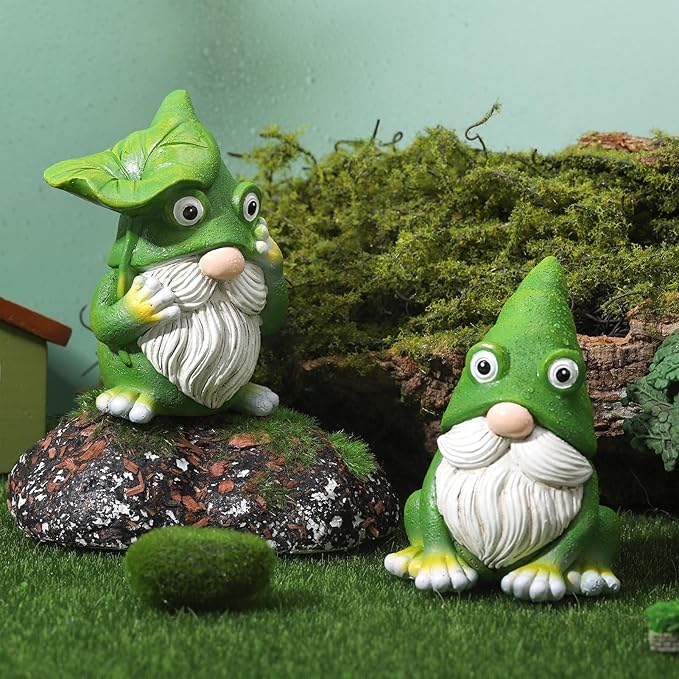 2 Pack Frog Gnome Statue, Outdoor Garden Gnomes Figurine, Spring Summer Theme Green Knome Garden Decoration for Outside Yard Lawn Patio Porch Home Desk Decor