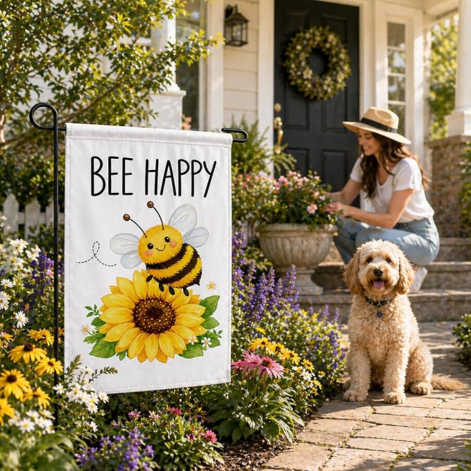 Summer Party Decorations - Bee Happy Summer Garden Flag | Double Sided Sunflower Welcome Yard Decor | Summer Party Accessories Backdrop Favors Supplies Decor for Garden Yard Porch Patio Lawn Outdoor Outside