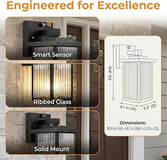 Dusk to Dawn Porch Light, Outdoor Wall Light, All-Metal Frame | Auto On and Off, Rust-Resistant, Tempered Glass, Easy DIY Install on Porch, Garage