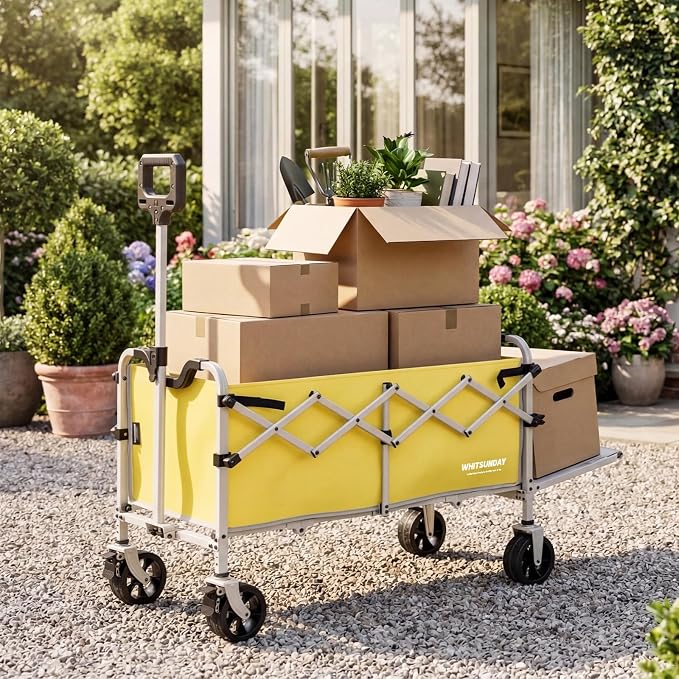 Collapsible Folding Wagon Cart, Heavy Duty Utility Wagons with Tailgate & Wheels,Portable Utility Cart for Camping,Garden,Beach,Sports Yellow