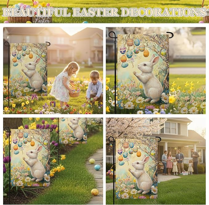 Easter Garden Flag 12x18 Inch Double Sided for Outside, Burlap Bunny Flowers Yard Flags Decor, Farmhouse Easter Floral Eggs Outdoor Holiday Decoration