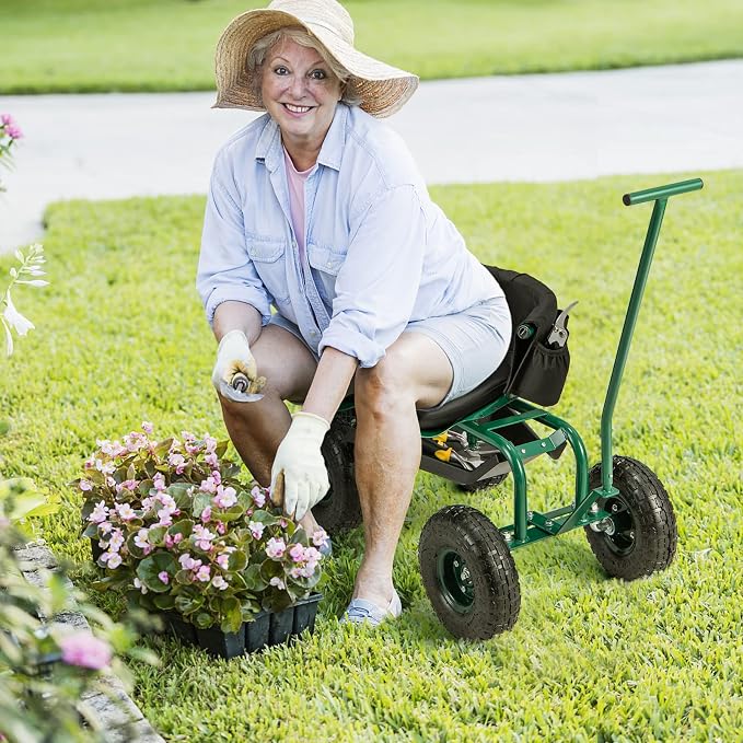 Giantex Garden Cart, Rolling Workseat with 4 Wheels, Tool Tray, Removable Cushion, Storage Basket, 2 Handles, Adjustable Height & 360 Swivel Work Seat, Gardening Stool for Patio Lawn Garden Yard