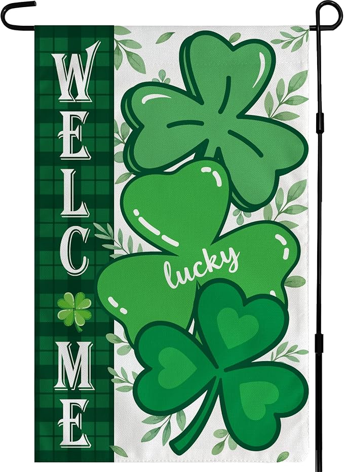 OHOME St Patricks Day Decorations - Shamrock Garden Flags | St Patricks Day Party Favors Supplies Decor Indoor Outdoor - St Patrick's Day Welcome Backdrop Banner for Garden Porch Patio Lawn Yard