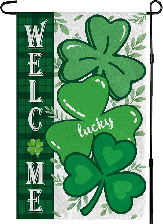 OHOME St Patricks Day Decorations - Shamrock Garden Flags | St Patricks Day Party Favors Supplies Decor Indoor Outdoor - St Patrick's Day Welcome Backdrop Banner for Garden Porch Patio Lawn Yard