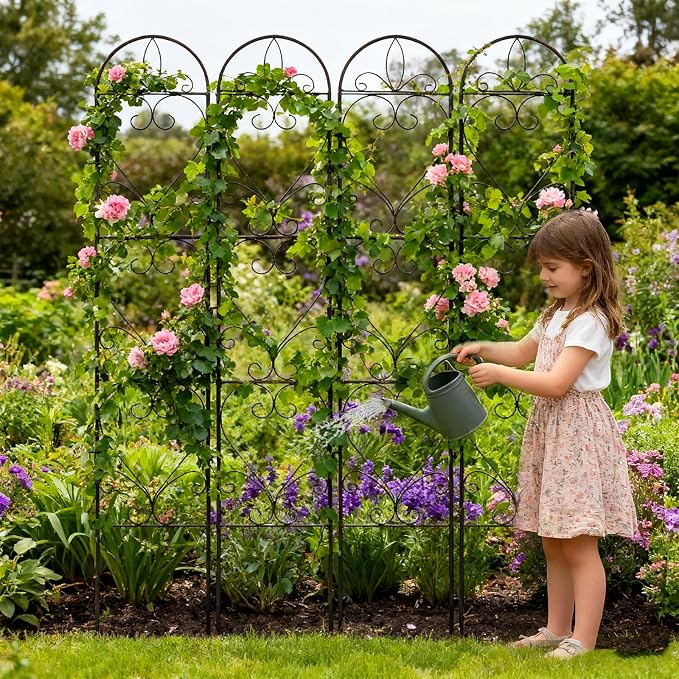 4PCS Metal Garden Trellis for Climbing Plants Outdoor, Heavy-Duty Cucumber Tomato Trellis for Raised Garden Bed, Decorative Wrought Iron Trellis Arch for Wedding Party Decor