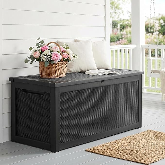 Outdoor Storage Box, 320 Gallon Lockable Resin Deck Box Large Waterproof, Patio Storage Bin for Furniture Cushion, Garden Tools and Pool Accessories, UV-Resistant Bench for Outside, Black