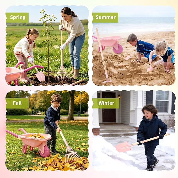 Kids Gardening Set with Wheelbarrow, Metal Kid Gardening Tools Set with Long Handle Tool, Hand Tool & Gloves, Backyard Gardening Tools for Kids Outdoor Play Birthday Gifts