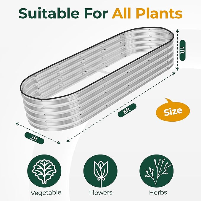 Utopia Home Galvanized Raised Garden Bed, 6x2x1 Ft Lightweight Planter Boxes Outdoor with Easy Assembly, Large Garden Bed for Vegetables, Fruits, Flowers, Silver, Pack of 2
