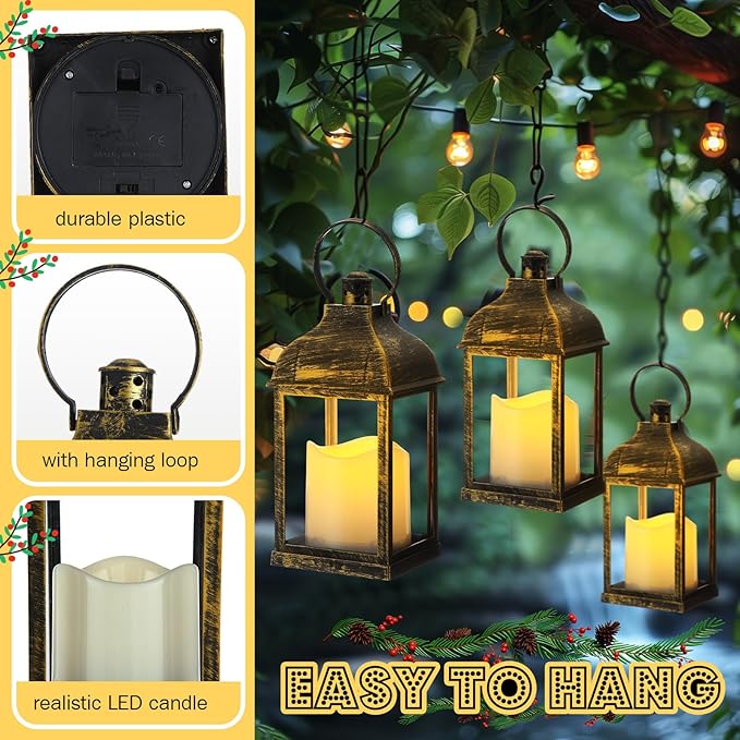 12 Set 10 Inch Bronze Decorative Candle Lanterns Bulk Lanterns Centerpiece with LED Flameless Candle Indoor Outdoor Battery Powered Hanging Lights for Wedding Father Day Party Decoration