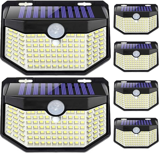 HMCITY 120 LED Outdoor Solar Lights with Motion Sensor and 3 Lighting Modes, IP65 Waterproof Wide Solar Wall Lights Ideal for Garden Patio Yard (Front Button 6Packs, Black Shell-Daylight White)