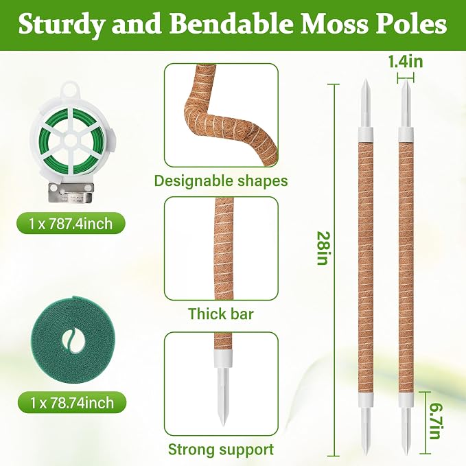 3 Pack 28'' Bendable Moss Pole for Plants, Heavy Duty Moss Plant Support Pole for Monstera Pothos & Climbing Houseplants, Extendable Indoor Potted Plant Stake Trellis