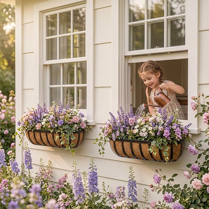Y&M Railing Planter Boxes 24 Inch 2 Pack, 2-in-1 Adjustable Hanging Balcony Planters with Coco Liners, Heavy Duty Window Box Planters with Support Rods for Outdoor Garden
