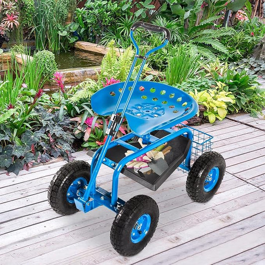 KINTNESS Garden Cart with Rolling Work Seat Tool Tray and Storage Basket on Wheels Heavy Duty Garden Scooter Gardening Planting (Blue)