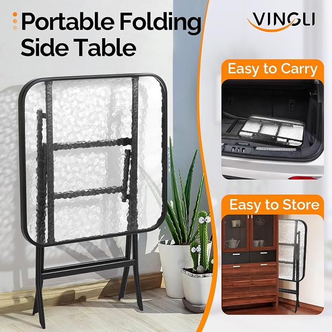 VINGLI Folding Glass Outdoor Side Table, 23.6 Inches Small Foldable Patio Bistro Table with Tempered Glass Table Top for Lawn & Garden, Balcony, Porch and Pool, Rectangular