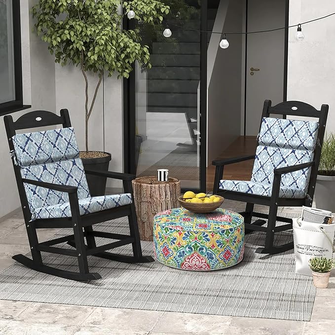 DYTXIII Outdoor High Back Chair Cushions Set of 2, 44"x22" Water Repellent Patio Seat Cushions with Elastic Sponge, All Weather Chair Pads for Rocking, Dining Chairs,Patio Furniture - Geometry Blue