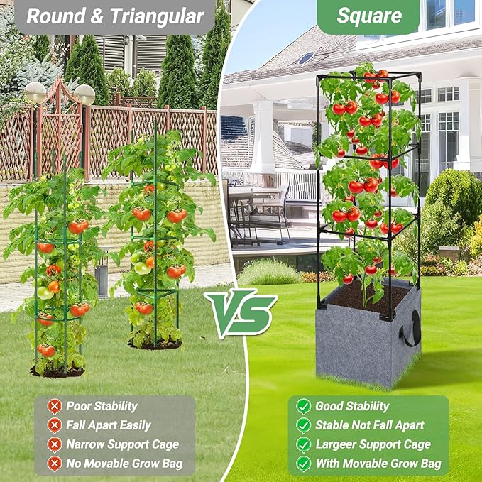 2 Pack Square Tomato Cages with Grow Bags, 42.5 Inch Stable Square Tomato Planter Support Stakes Kit for Garden, Tomato Cages Trellis Pots for Spring Climbing Vertical Plants Vegetables Fruits Vines