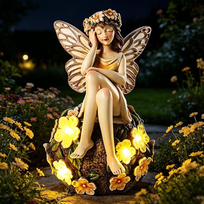 Solar Fairy Statue Sitting on the Flower Ball Light 6.8" Angel Statues for Garden Yard Patio Porch Lawn Decor Resin Fairy Figurine Outdoor Waterproof Angel Gifts for Women Mom Sister
