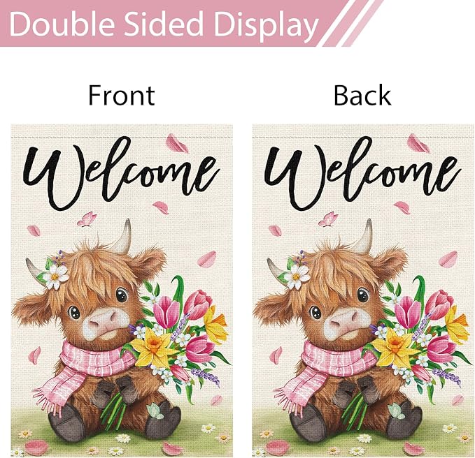 Heyfibro Welcome Spring Summer Highland Cow Garden Flag 12x18 Double Sided Burlap, Flower Bouquet Butterfly Yard Banner for Holiday Farmhouse Yard Outdoor Decor(ONLY FLAG)