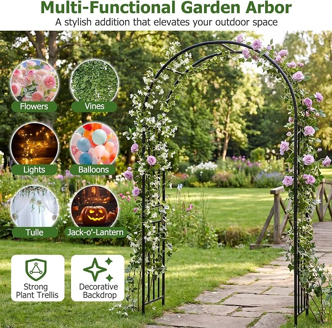 LDAILY Moccha Garden Arch Arbor Trellis, 7.2Ft Outdoor Steel Arbor with Stakes, Metal Archway for Climbing Plants, Wide Sturdy Garden Arch for Lawn, Party, Ceremony Wedding Decoration, Black(2)