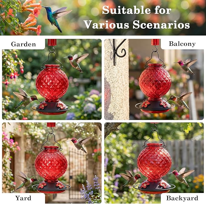 25 OZ Glass Hummingbird Feeder for Outdoors, Leak Proof Hummingbird Feeder with Ant Moat, 4 Bee Resistant Feeding Ports, Easy Clean Wide Mouth Design, 360° Perch, Hanging Nectar Feeder, Red
